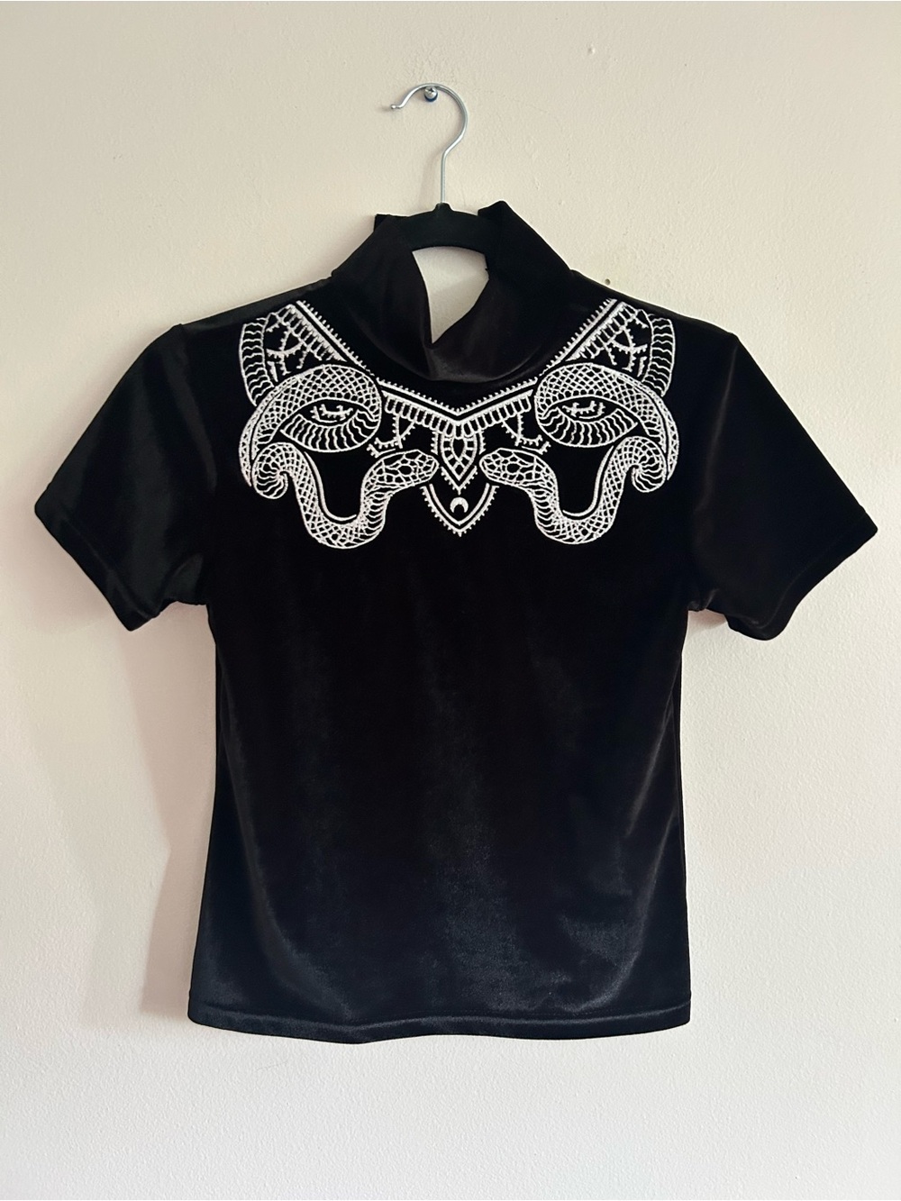 Black Velvet Top with White Embroidered Snake